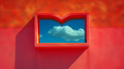 Reflection of clear blue sky and fluffy white cloud on red window against  textured orange, red wall. Abstract and visually striking composition where architecture meets art.