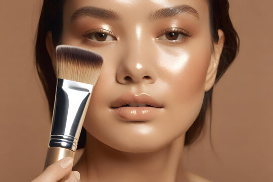A digital artwork showcasing the artistry of makeup application, with a focus on a girl. She delicately blends foundation on her face with a makeup brush
