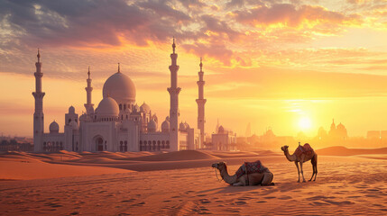 Camel silhouette and majestic mosque in the desert at sunset