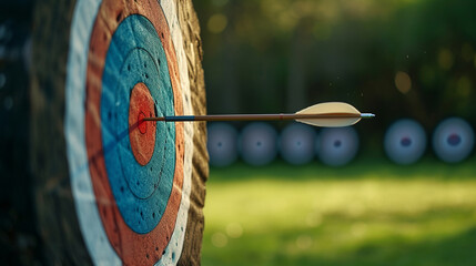 An arrow at the target on an archery field - obrazy, fototapety, plakaty