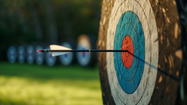 An arrow at the target on an archery field
