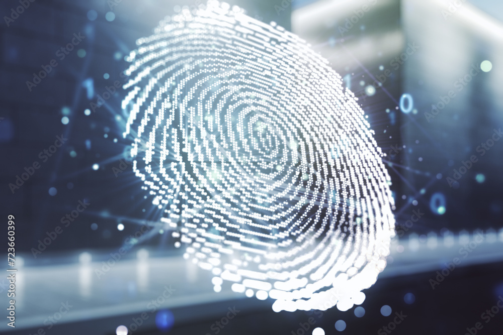 Poster multi exposure of virtual abstract fingerprint illustration on blurry modern office building backgro