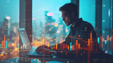 Businessman working at laptop, double exposure financial graphs, analysis, programming, planning, big data background