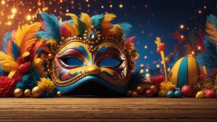 Illustration of carnival mask with decorations and bright colors. Perfect for posters.