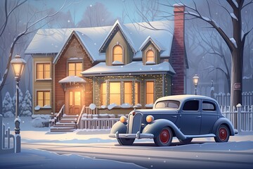 Frosty Evening in a neighborhood with an old car - obrazy, fototapety, plakaty