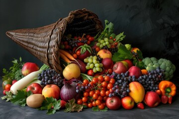 A picturesque cornucopia overflowing with an abundance of seasonal fruits and vegetables