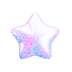 Vector 3d rainbow glitter textured star icon on white background. Cute realistic cartoon 3d render, glossy pink and blue holographic sparkling star Illustration for decoration, web, game design, app.