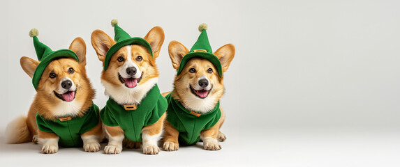 Three adorable dogs dressed as small sprites St. Patrick's Day resembling little leprechauns. Saint Patrick's Day banner, copy-space, background