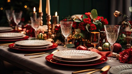 A Christmas Dinner Table Set with Red and White Plates