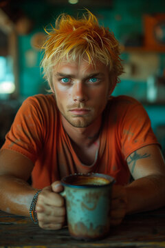 Handsome young man with light eyes and painted hair sitting in a restaurant on a tropical beach