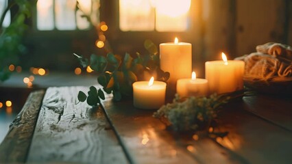 Aromatic candles flickering beside a person in a meditative pose, filling the room with the soothing fragrance of eucalyptus and peppermint.