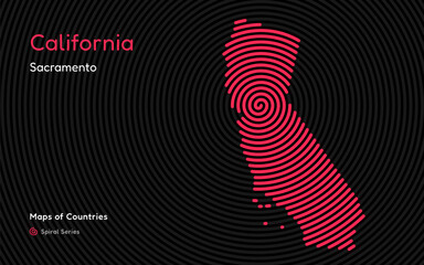 Abstract Map of California in Spiral Pattern with Capital of Sacramento. American States map Set.	