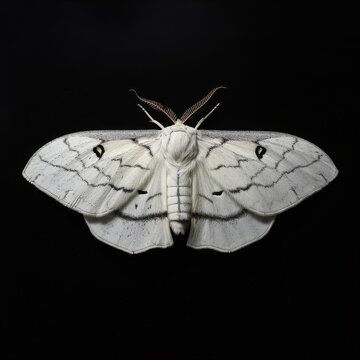 a white moth on a black background - top view