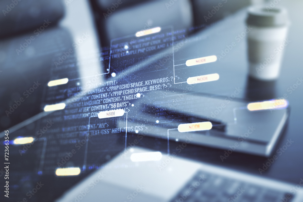 Aufkleber multi exposure of abstract software development hologram on laptop background, research and analytic