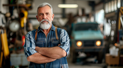 Obraz premium Portrait of truck repair shop owner with arms cross