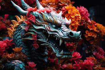 Fototapeta na wymiar Dragon sculpture with floral decoration