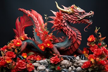 Fiery Dragon Adorned with Red and Yellow Flowers