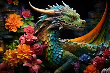 Obraz premium Dragon Maiden - A Beautifully Painted Dragon in a Flower-filled Garden