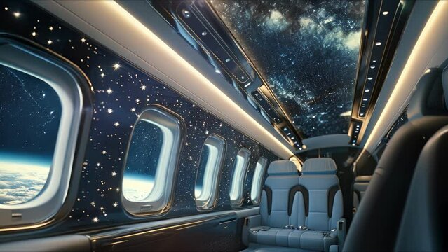 Take in the quiet beauty of the night sky through the panoramic windows of this private jet, elevated by the handcrafted ceiling panels depicting a ling constellation scene.