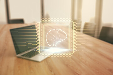 Creative artificial Intelligence concept with human brain hologram on modern laptop background....