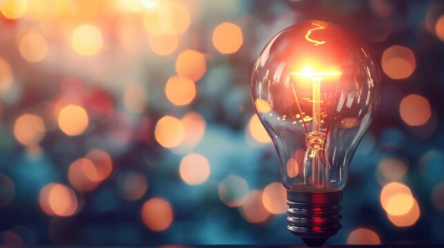 Glowing light bulb on blurred bokeh background with free place for text. Education, idea, thought, brainstorming concept