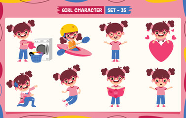 Cartoon Girl Doing Various Activities