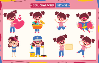 Cartoon Girl Doing Various Activities