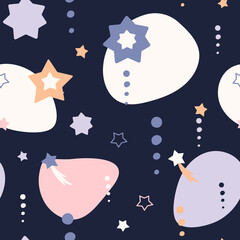 Fototapeta na wymiar Bohemian baby pattern. Seamless baby pattern in boho style. Bohemian pattern for kids with organic shapes and stars on blue background.