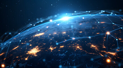 Fototapeta premium Illustration of global network connections and communication technology for internet business and telecommunication, featuring earth connector, earth map, and a 3D globe with an electronic network.