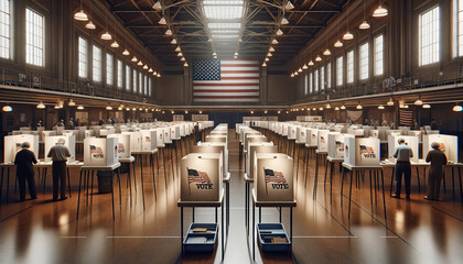 A Grand Hall Filled with Voters at Polling Booths under the American Flag, Symbolizing the Democratic Process and Civic Duty.