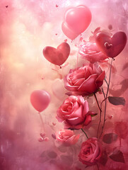 Elegant Valentine's Themed Digital Art with Roses and Heart Balloons