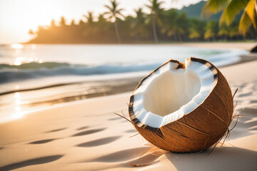 A coconut on the beach - obrazy, fototapety, plakaty