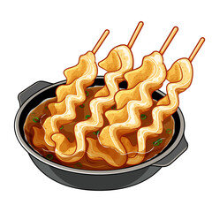 Korean odeng fish cake soup illustration vector. Korean street food oden menu. Korean fish cake soup hotpot. (Eomuk & Odeng) Fish cake is popular street food in Korea. Eomuk fish cake skewer soup.