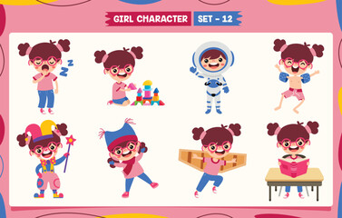 Cartoon Girl Doing Various Activities