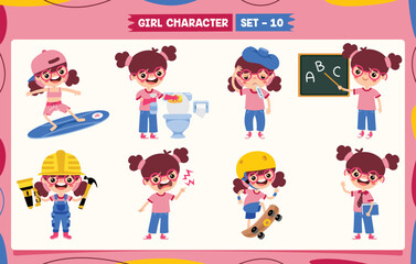 Cartoon Girl Doing Various Activities
