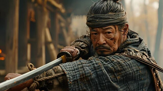 A seasoned warrior, dressed in a gray samurai outfit, wielding a wooden sword with precision and control.