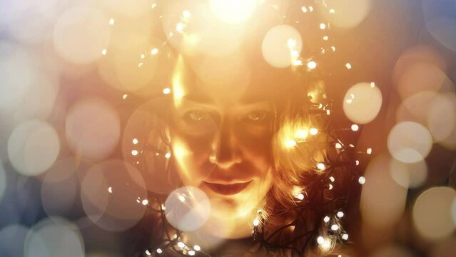 woman with a light on the head. Loop Animation.