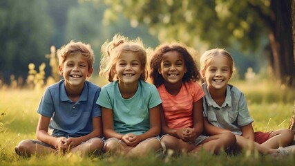 Fototapeta premium Happy International Day of Happiness. Portrait of a group of smiling children sitting on the grass in the park
