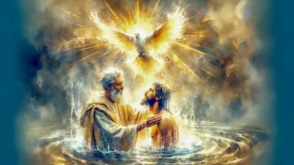 Heavenly Baptism: Jesus, John, and the Holy Spirit - obrazy, fototapety, plakaty