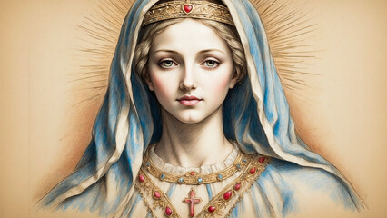 Marian Majesty: Virgin Mary, Queen of Heaven and Earth, Veiled in Blue - obrazy, fototapety, plakaty
