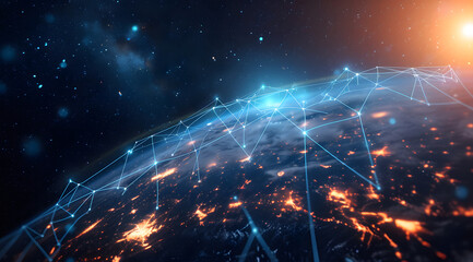 Illustration of global network connections and communication technology for internet business and telecommunication, featuring earth connector, earth map, and a 3D globe with an electronic network. - obrazy, fototapety, plakaty