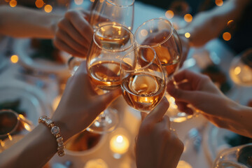 top view clinking wine glasses in front of dinner background - obrazy, fototapety, plakaty