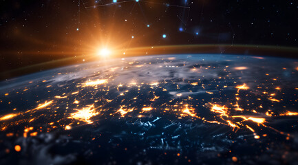 Obraz premium Illustration of global network connections and communication technology for internet business and telecommunication, featuring earth connector, earth map, and a 3D globe with an electronic network.