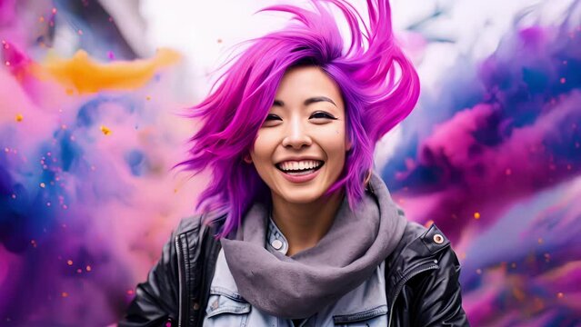 An Asian girl stands with vibrant purple hair a backdrop of bright splashes of paint conveying her creative nature.