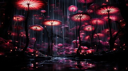 some pink mushrooms in a dark tree forest. Digital concept, illustration painting.