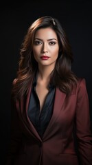 Naklejka premium Confident Professional in Burgundy Suit. Striking businesswoman in a burgundy suit with a commanding presence.