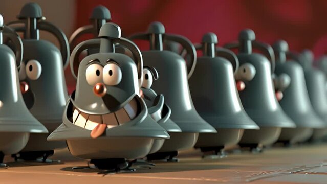 Cartoon animation of a group of bells eagerly lining up to perform in the annual bell ensemble. One cheeky bell keeps trying to in front of the others causing chaos