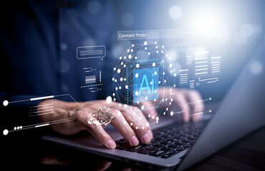 Programmer people working laptops or smartphones with AI, artificial intelligence software engineer...