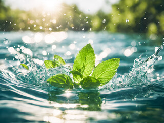 Stop-motion dubbing of mint leaves falling into water and water splashing. - obrazy, fototapety, plakaty