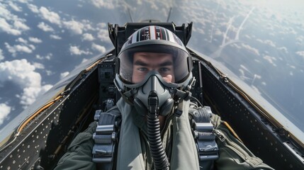 Close-up of pilot wearing a helmet, in a jet cockpit - obrazy, fototapety, plakaty